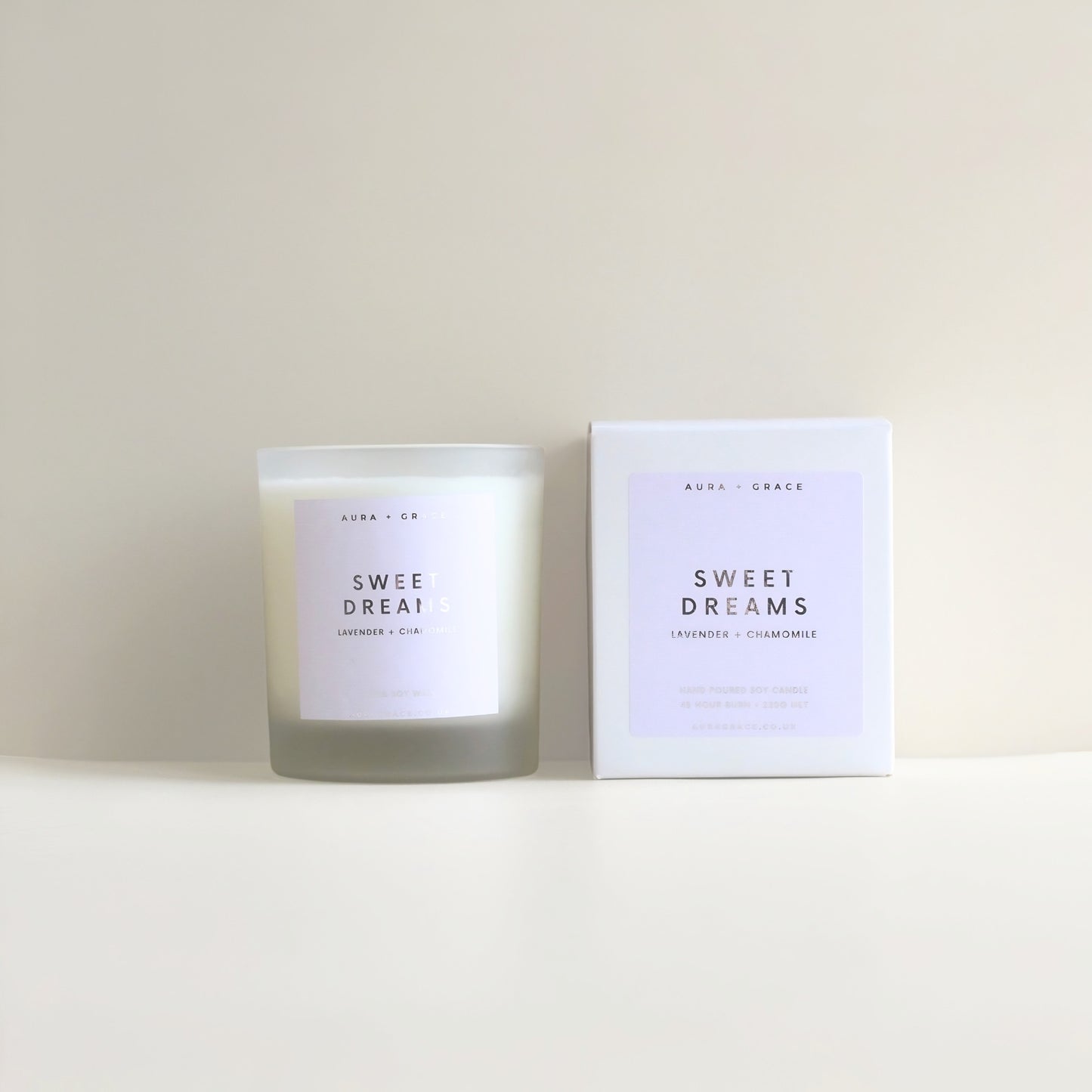 Sweet Dreams luxury soy wax candle in frosted glass vessel by Aura + Grace