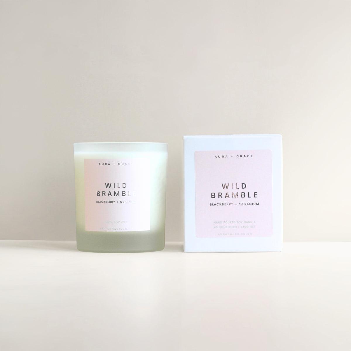 Wild Bramble luxury soy wax candle in frosted glass vessel by Aura + Grace